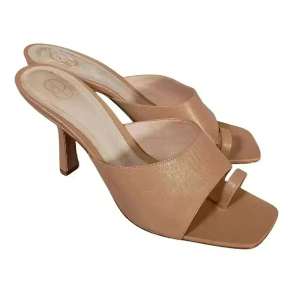 Porte & Paire Sandals Heels Tan Leather Toe Ring Women's 39/US 8 - 8.5 - Picture 1 of 10